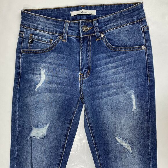 Kancan Capri Jeans Womens 1/24 Stretch Denim Crop Jean Distressed Raw Fray NEW - Picture 2 of 9